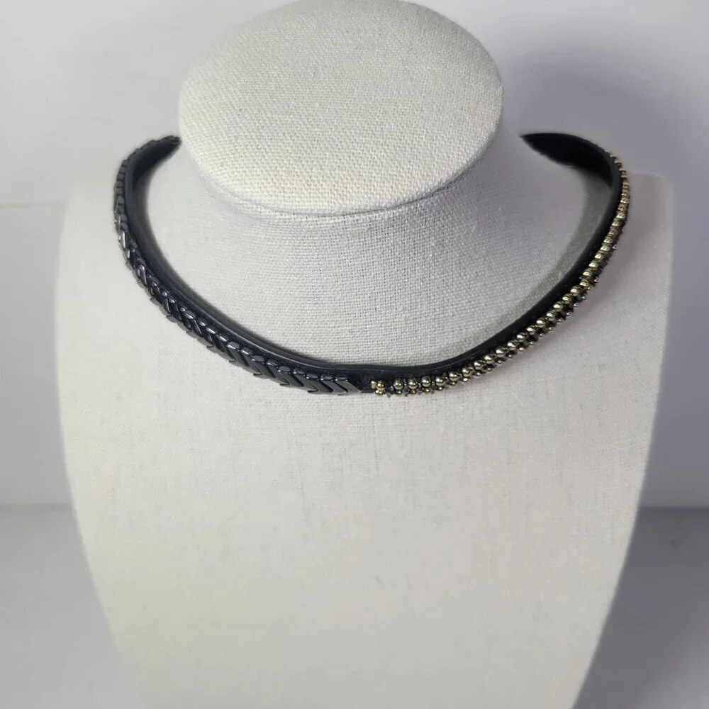 Stella & Dot Black Adjustable Faux Leather Gold Beaded Choker Necklace